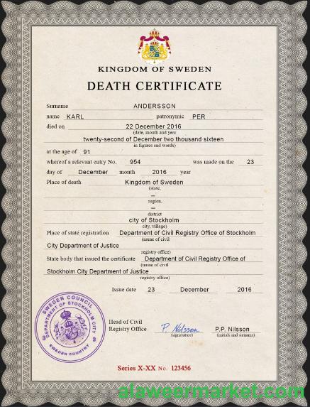 Sweden vital record death certificate PSD template